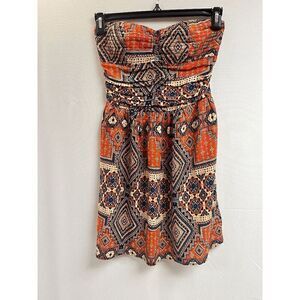 Xhilaration Womens Strapless Orange Print Mini Dress Size Medium 100% Rayon